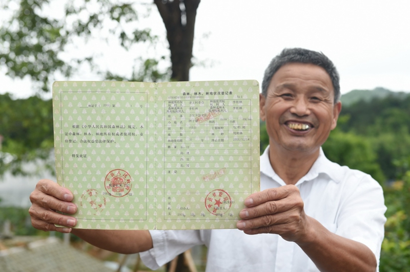 2017年6月13日，福建武平縣萬安鎮(zhèn)捷文村村民李桂林展示林權(quán)改革后領(lǐng)到的全國第一本新式林權(quán)證。