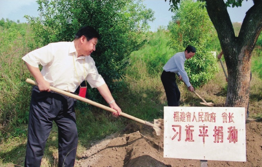 2001年10月，習(xí)近平在龍巖市長(zhǎng)汀縣調(diào)研水土流失治理工作，在河田世紀(jì)生態(tài)園為樹(shù)培土。圖源：《習(xí)近平在福建（下）》