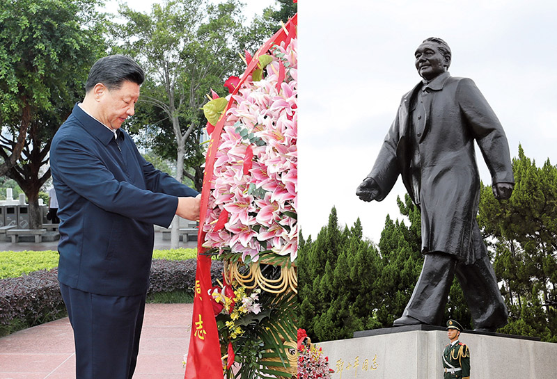2020年10月14日，習(xí)近平總書記向深圳蓮花山公園鄧小平同志銅像敬獻(xiàn)花籃。